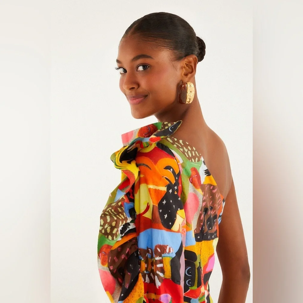 Farm Rio: Ana Leovy Farm Rio Organic Cotton One Shoulder Mini Dress - Picture 3 of 14